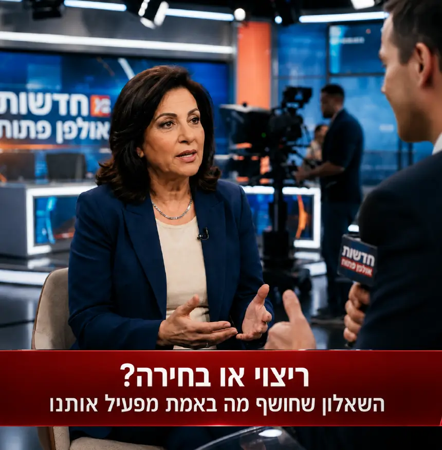 אורנה אוחיון מתראיינת באולפן חדשות. כותרת המסך: ריצוי או בחירה? השאלון שחושף מה באמת מפעיל אותנו